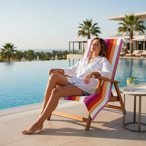 65mcmlxv LGBT lesbian pride sunset flag beach towel, 100% polyester front, 100% cotton back, 350gsm. Woman relaxing by pool.
