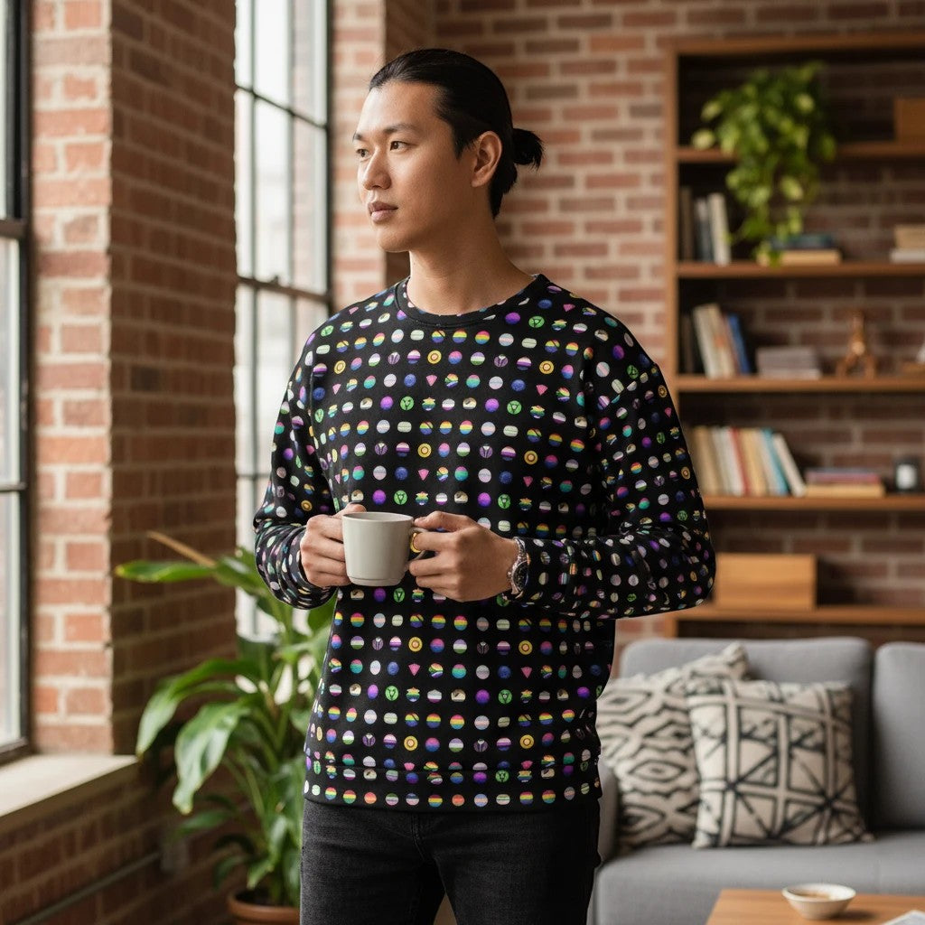 65mcmlxv unisex black sweatshirt with a repeating pattern of colorful LGBT pride icons and symbols. Made from a polyester, cotton, and spandex blend.