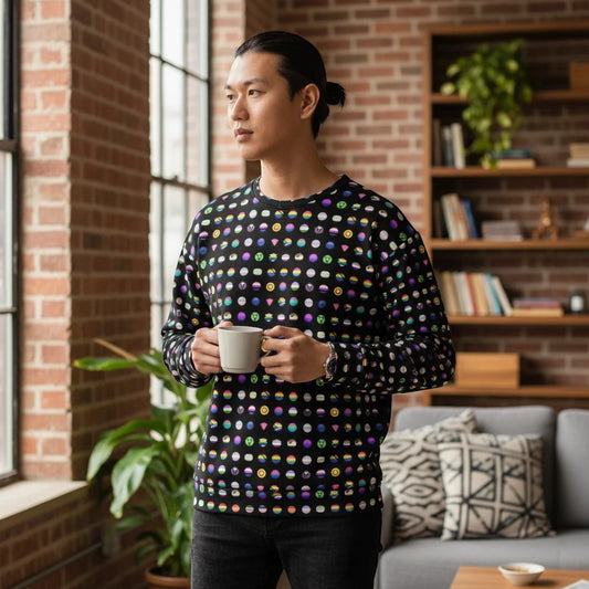 65mcmlxv unisex black sweatshirt with a repeating pattern of colorful LGBT pride icons and symbols. Made from a polyester, cotton, and spandex blend.