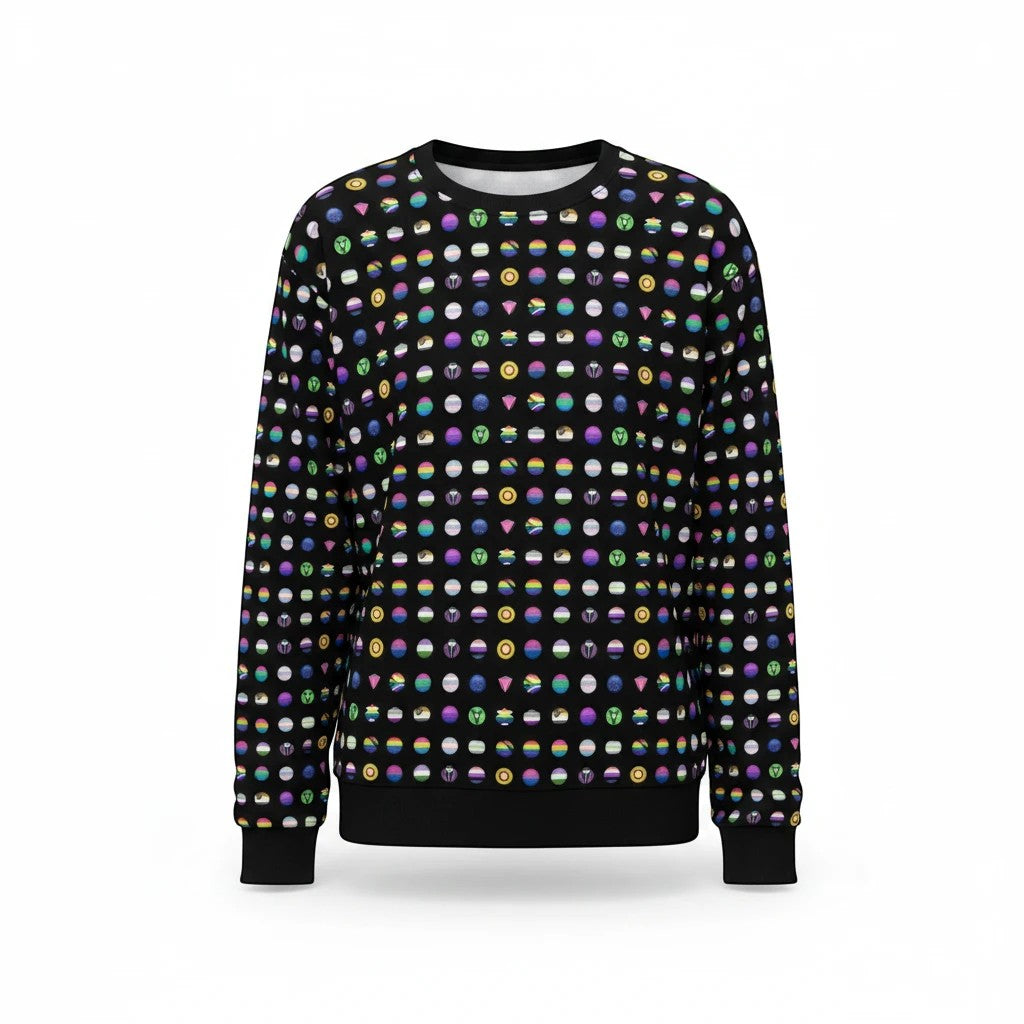 65mcmlxv black unisex sweatshirt with all-over print of LGBT pride icons and symbols. Made from polyester, cotton, and spandex blend.