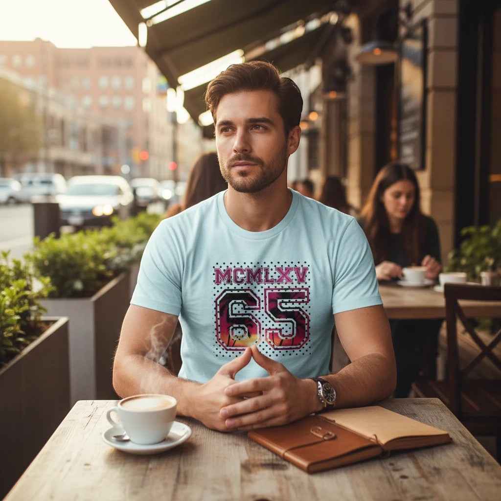 65 MCMLXV Men's Surf Sunset Varsity Logo Graphic T-Shirt