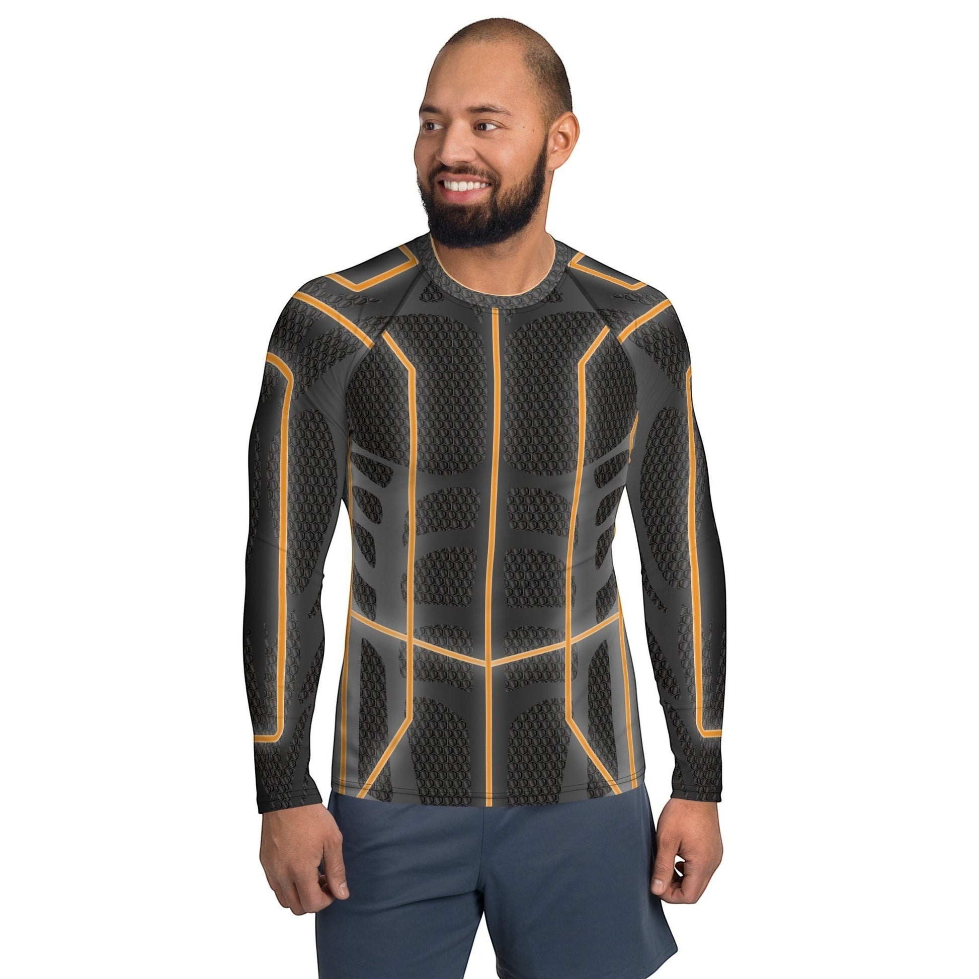 65mcmlxv Men's long-sleeve rash guard top in black with orange Tron-like accents, UPF 50+ protection.