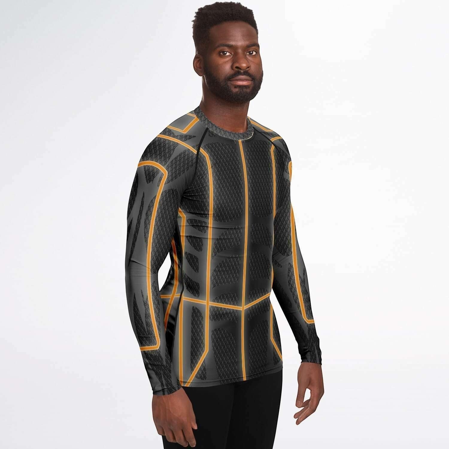 65mcmlxv Men's long-sleeve rash guard top in black with orange geometric accents. UPF 50+ protection.