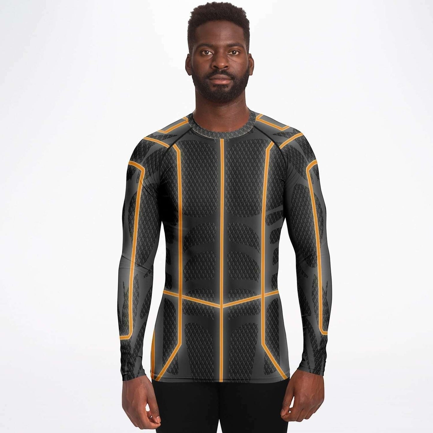 65mcmlxv Men's long-sleeve rash guard top in black with orange geometric accents. UPF 50+.