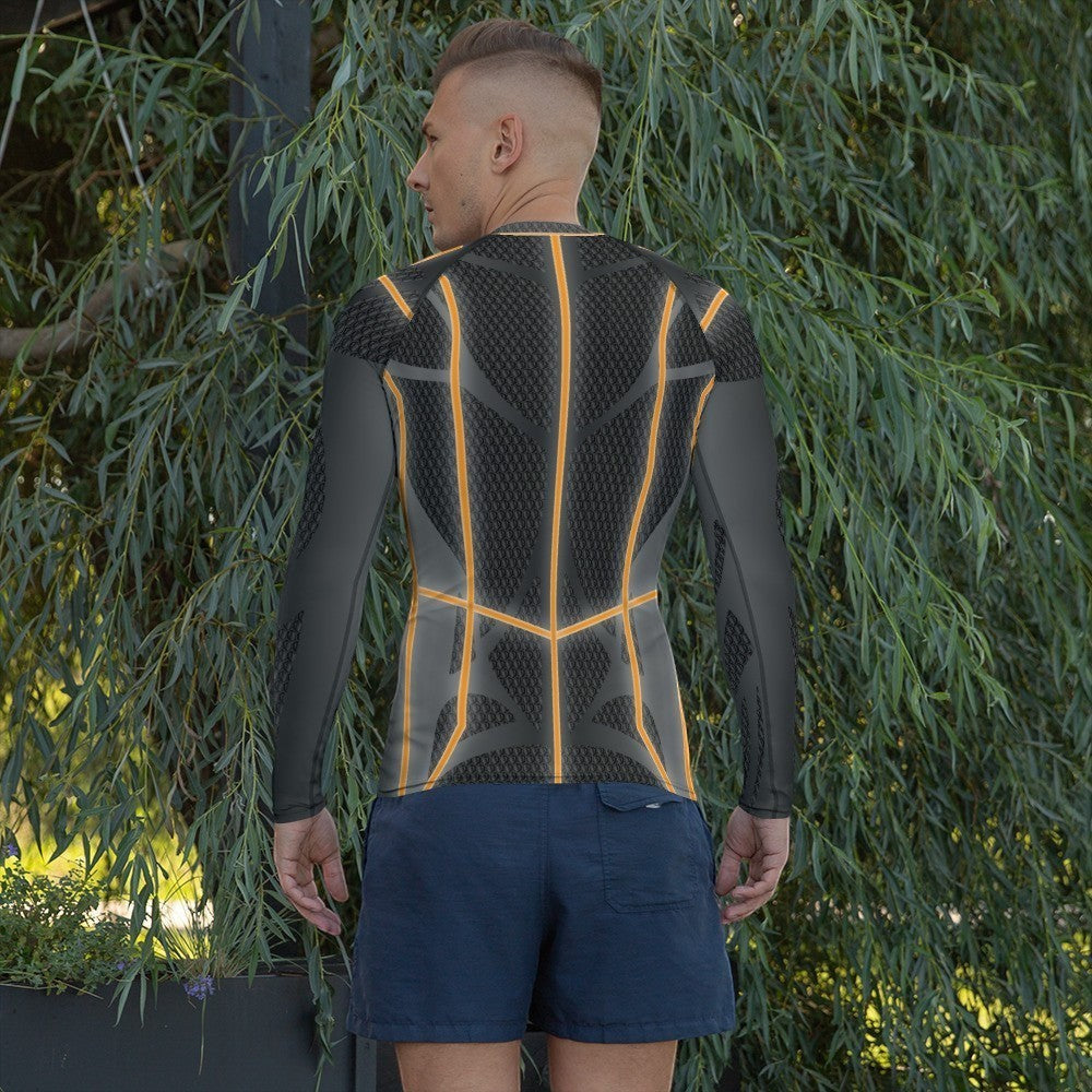65mcmlxv Men's long-sleeve rash guard top in dark grey with orange accents and textured panels. UPF 50+.