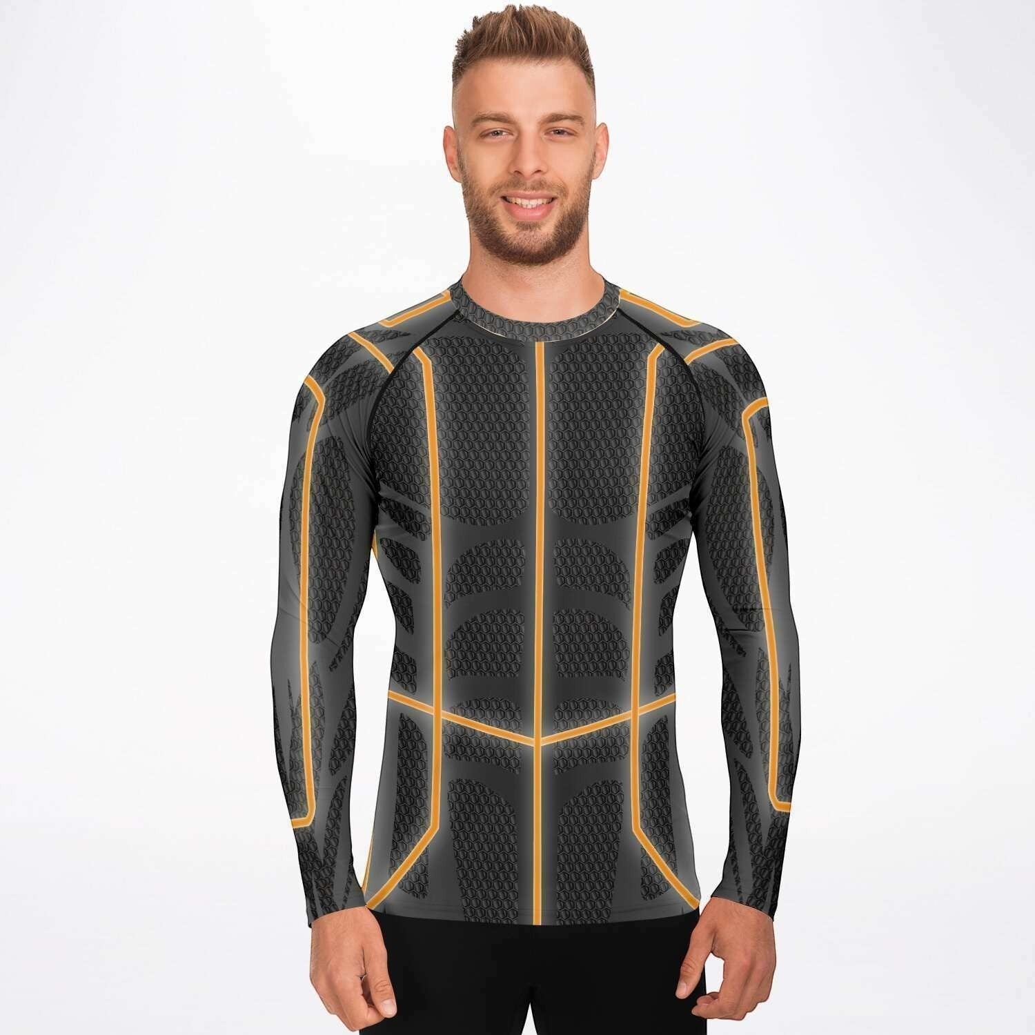65mcmlxv Men's long-sleeve rash guard top in dark grey with orange circuit-like accents. UPF 50+.