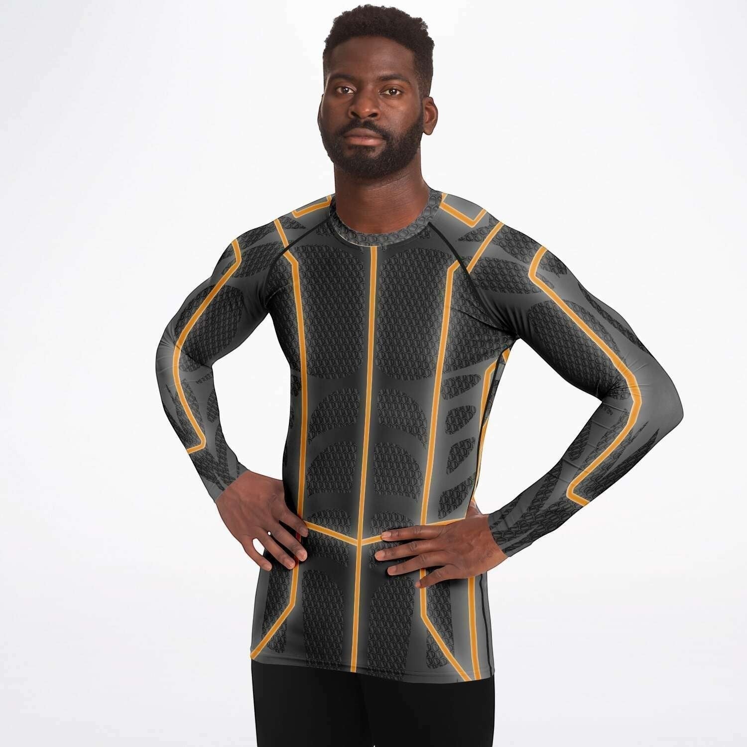 65mcmlxv Men's long-sleeve rash guard top in grey with orange accents. Features a textured pattern and UPF 50+ protection.