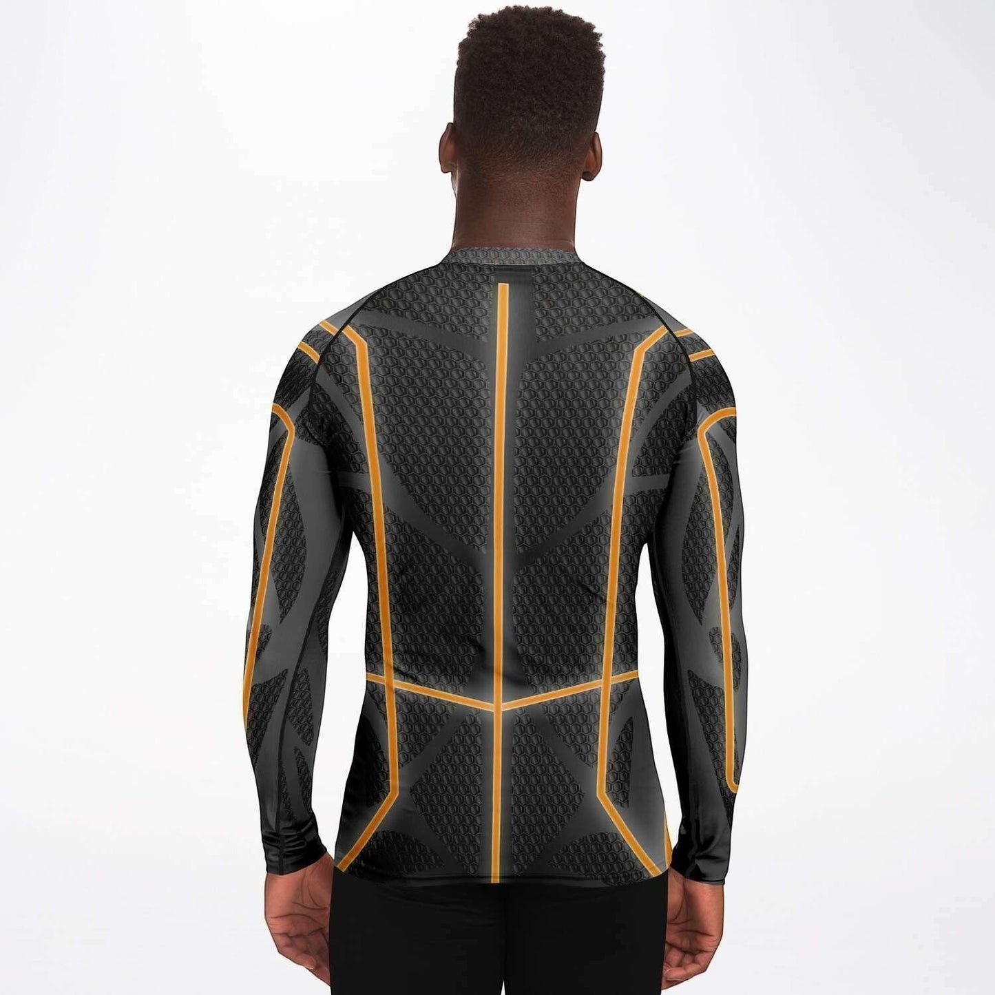 65mcmlxv Men's long-sleeve rash guard top in black with orange geometric accents and a textured pattern.