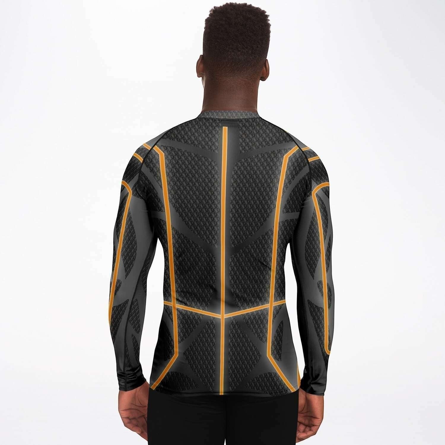 65mcmlxv Men's long-sleeve rash guard top in black with orange geometric accents and a textured pattern.
