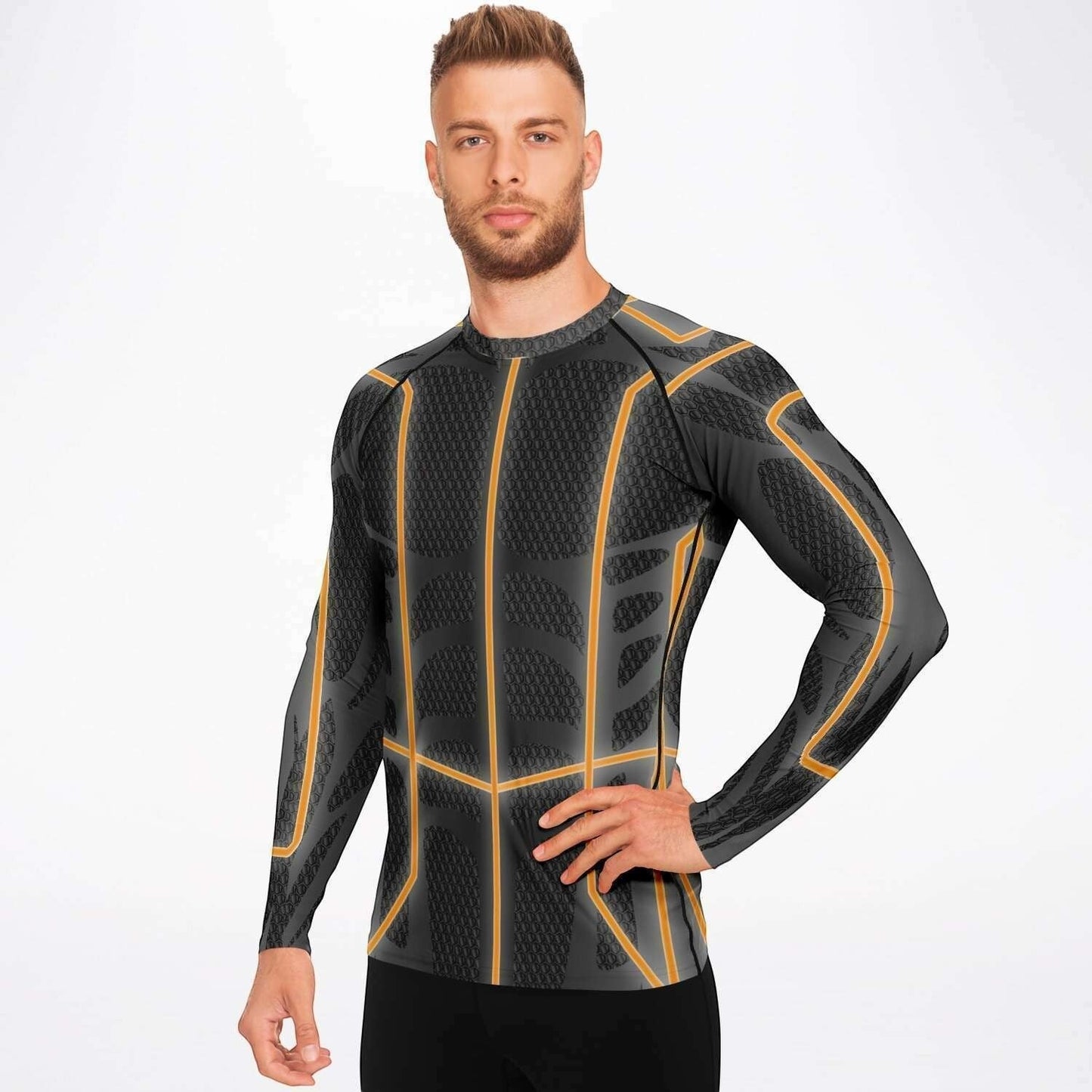 65mcmlxv Men's long-sleeve rash guard top in black with orange geometric pattern, UPF 50+ protection.