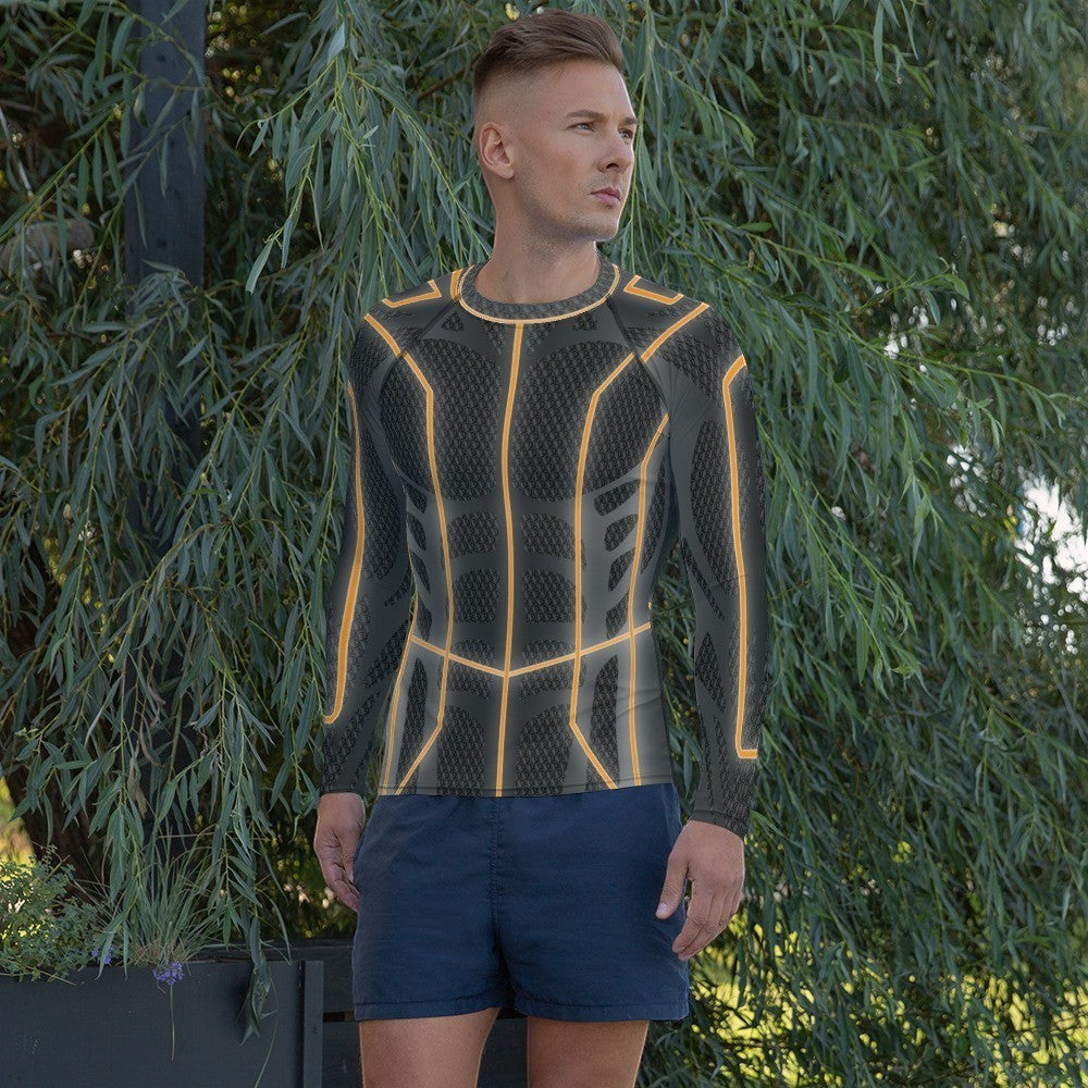 65mcmlxv Men's long-sleeve rash guard top in dark grey with orange futuristic lines and textured panels. UPF 50+.