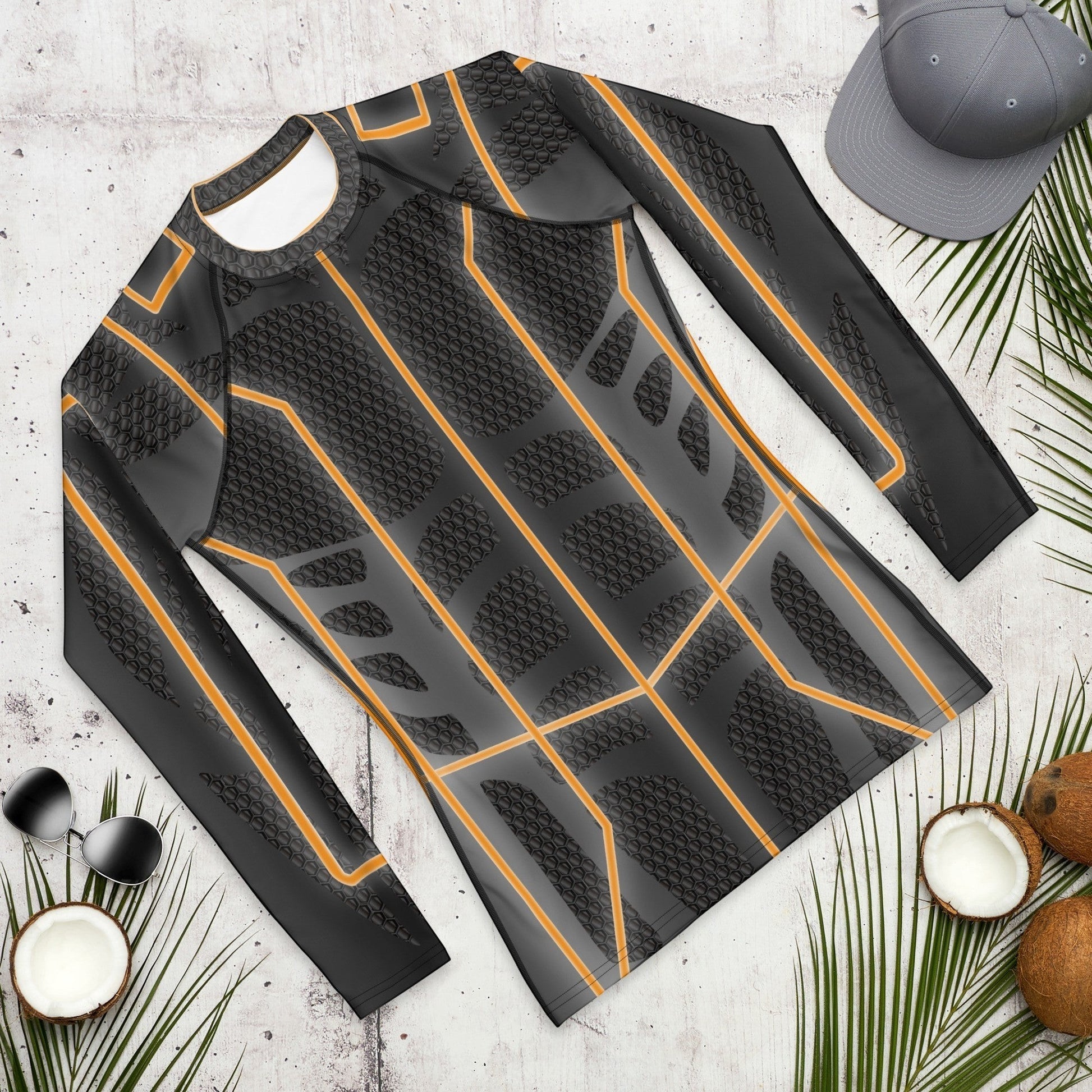 65mcmlxv Men's long-sleeve rash guard top in black with orange geometric pattern. UPF 50+ protection.