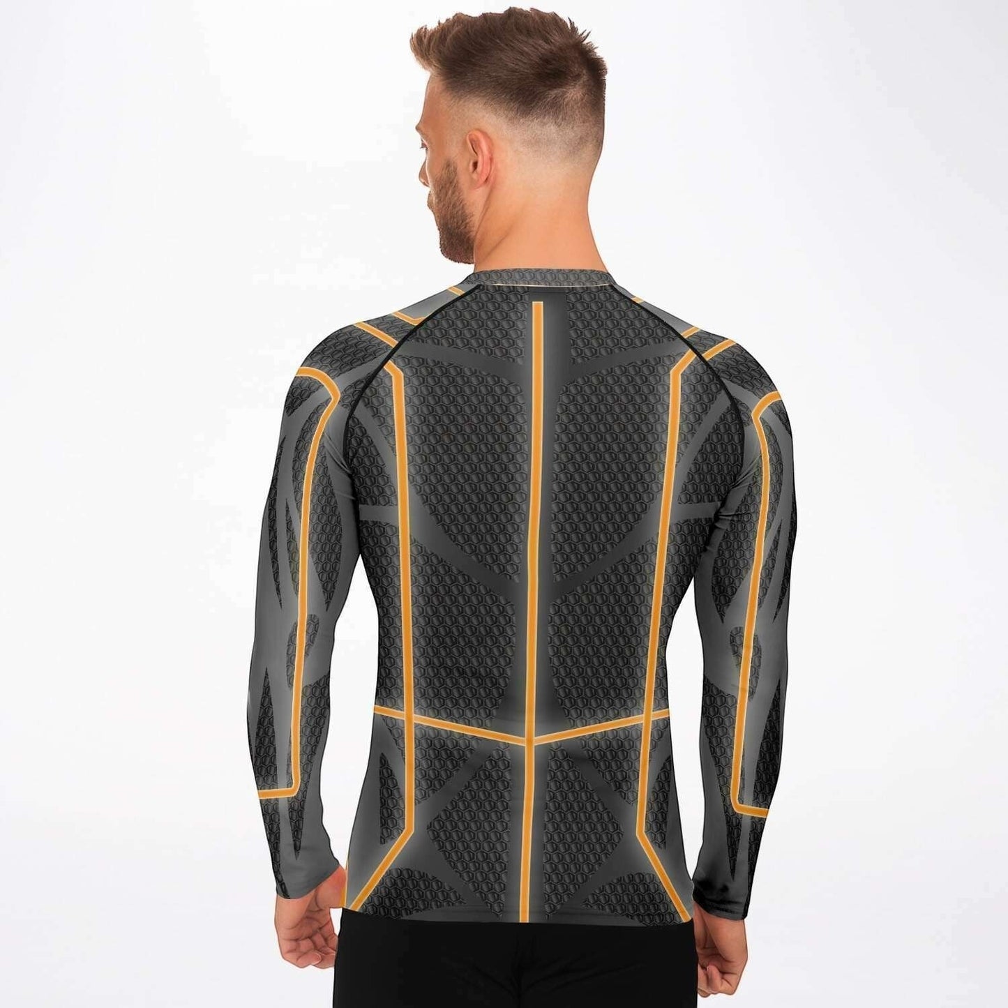 65mcmlxv Men's long-sleeve rash guard top in grey with orange geometric accents. UPF 50+.