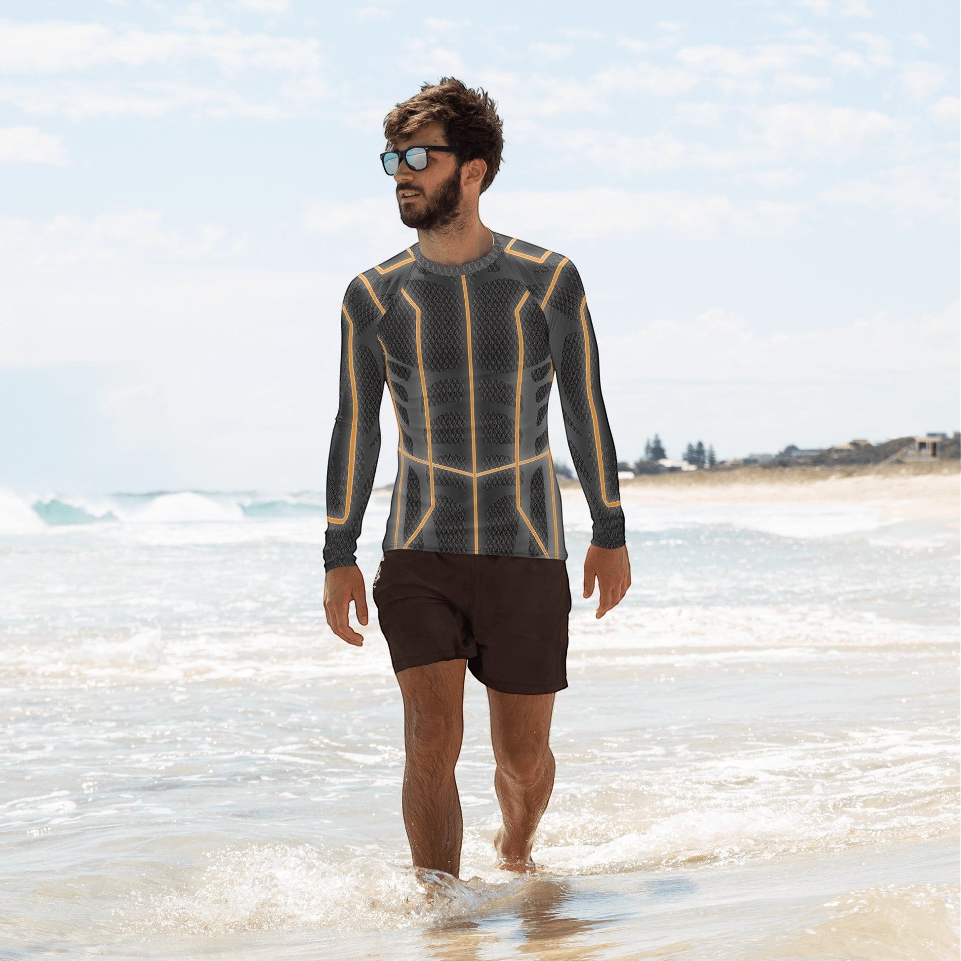 65mcmlxv Men's long-sleeve rash guard top in grey with orange geometric accents. UPF 50+ protection.