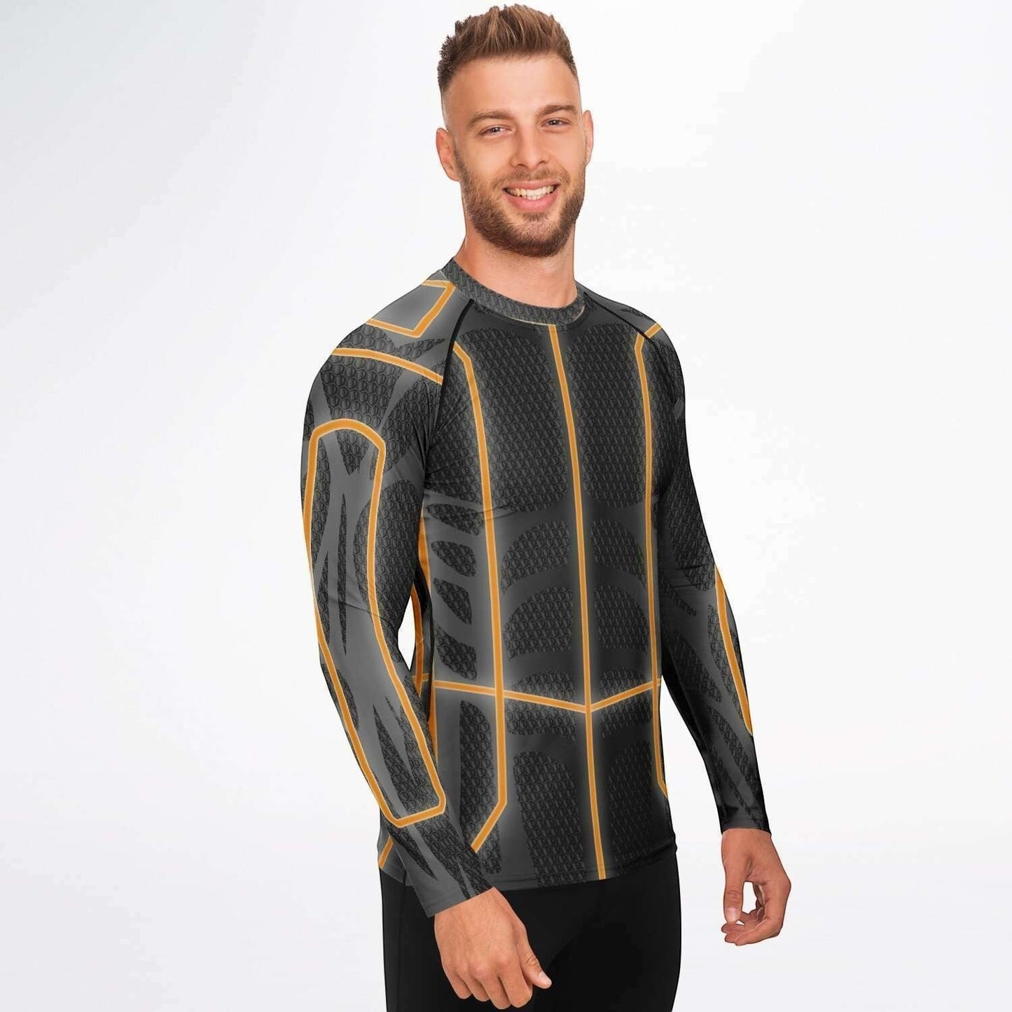 65mcmlxv Men's long-sleeve rash guard top in grey with orange accents, featuring a slim fit and UPF 50+ protection.