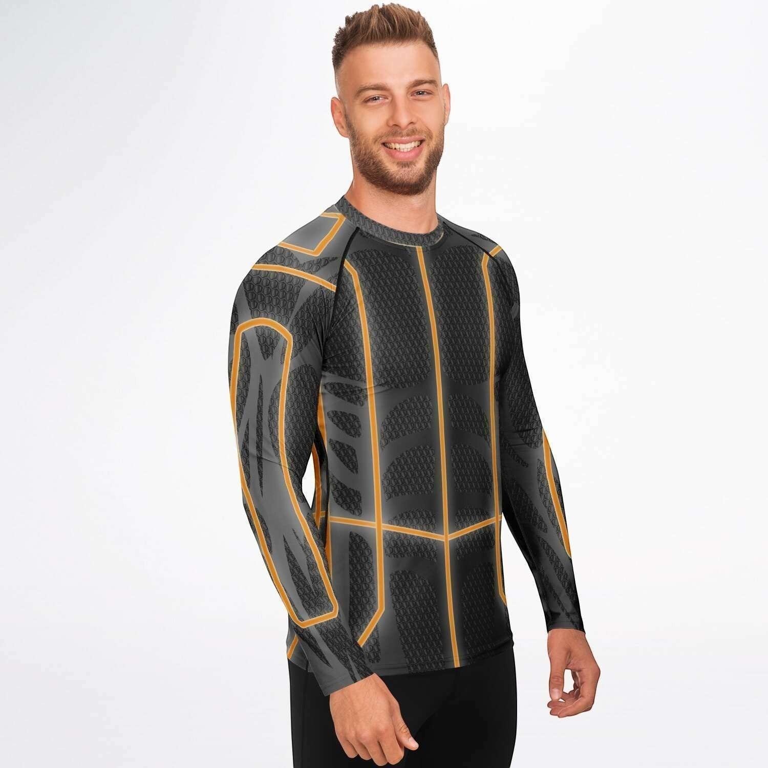 65mcmlxv Men's long-sleeve rash guard top in grey with orange accents, featuring a slim fit and UPF 50+ protection.