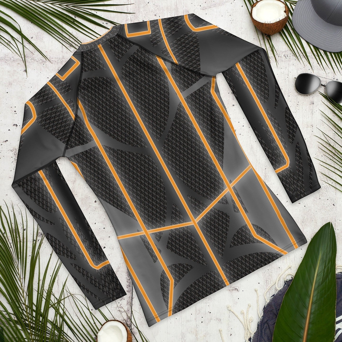 65mcmlxv Men's long-sleeve rash guard top in grey with orange geometric pattern. UPF 50+.