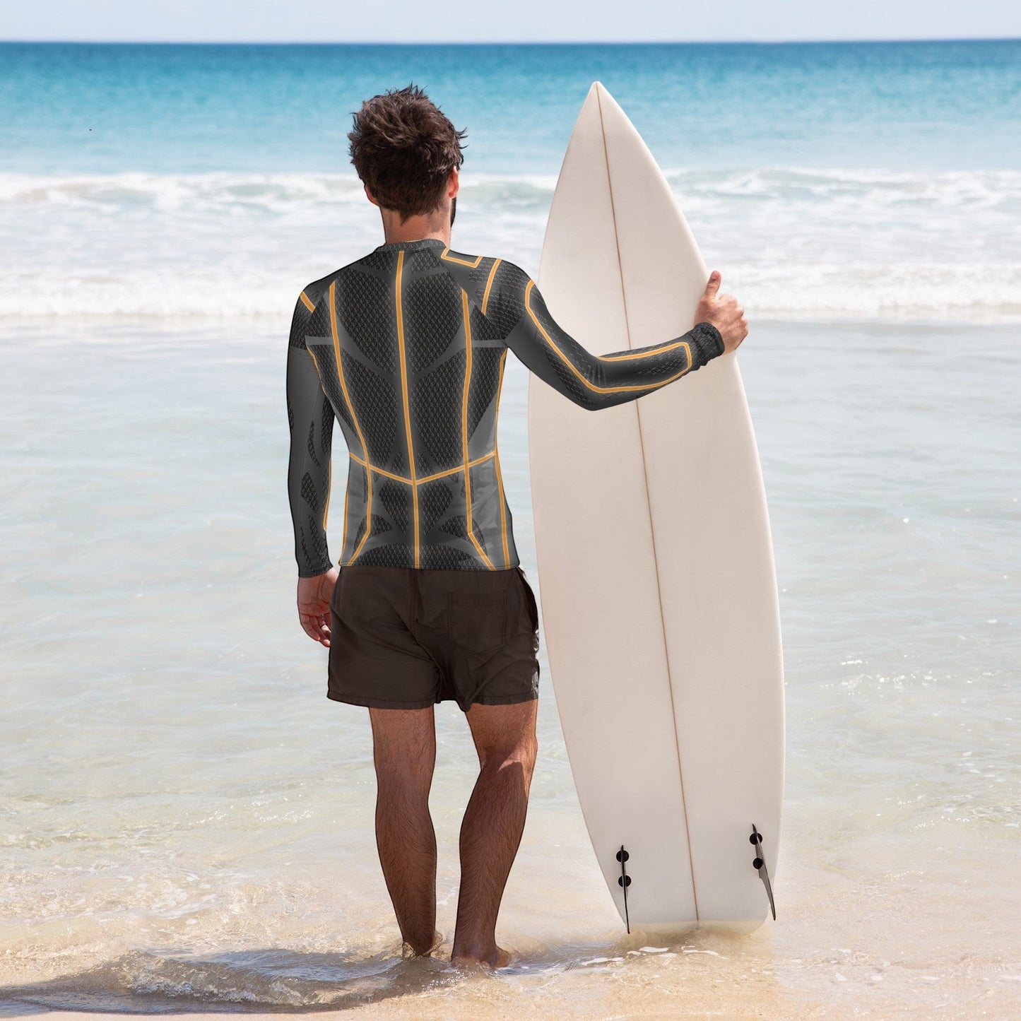 65mcmlxv Men's long-sleeve rash guard top in black with orange geometric accents. UPF 50+.