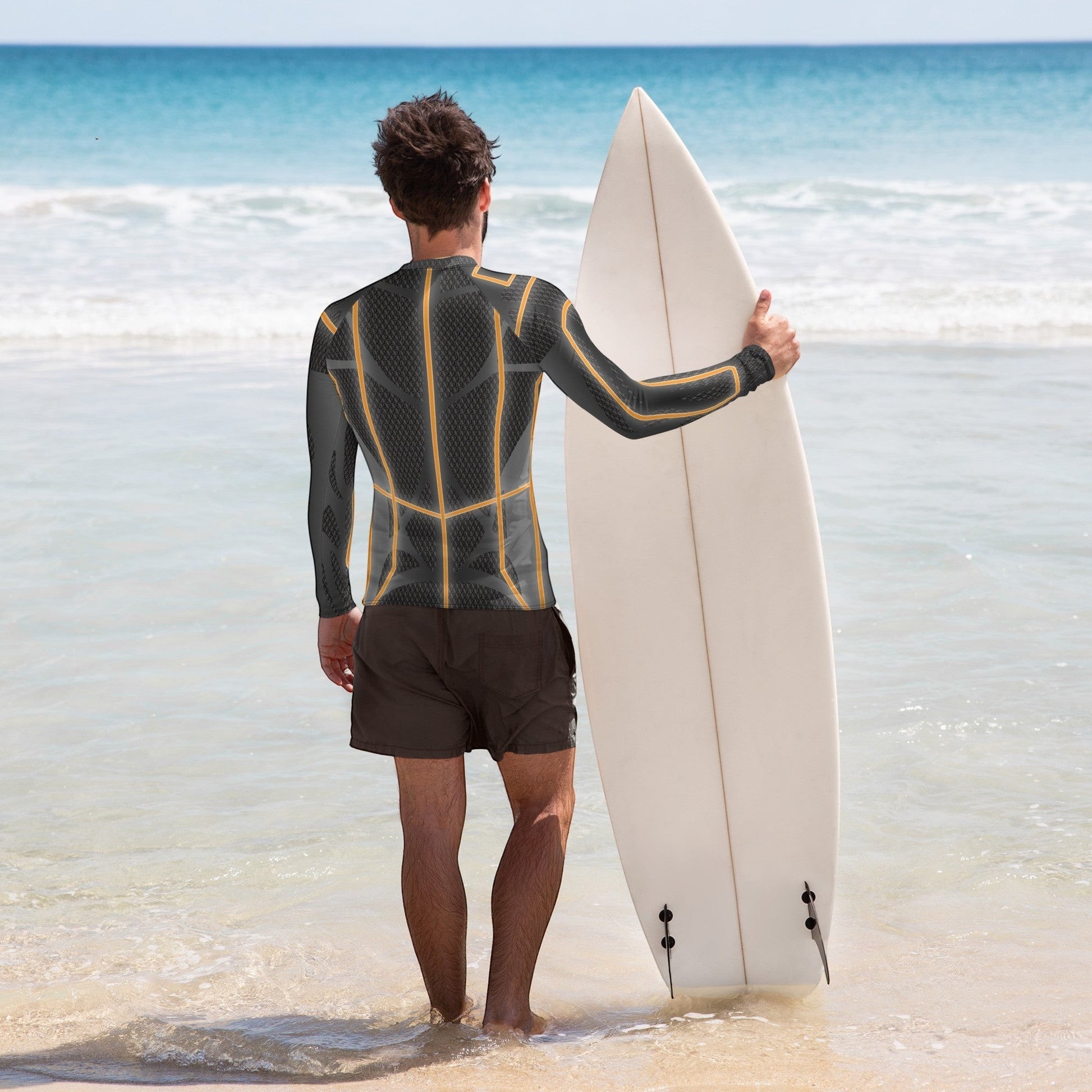 65mcmlxv Men's long-sleeve rash guard top in black with orange geometric accents. UPF 50+.
