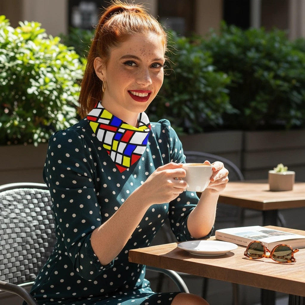 65mcmlxv unisex bandana with Mondrian color block print, red, blue, yellow, and white squares. Soft polyester.