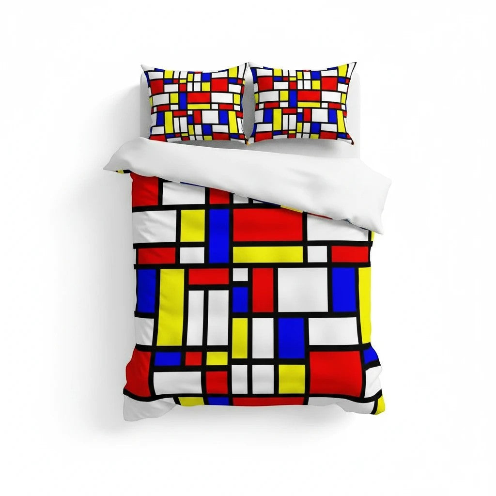 65mcmlxv Mondrian color block print duvet cover and pillowcases set. Red, blue, yellow, and white geometric pattern on polyester fleece.
