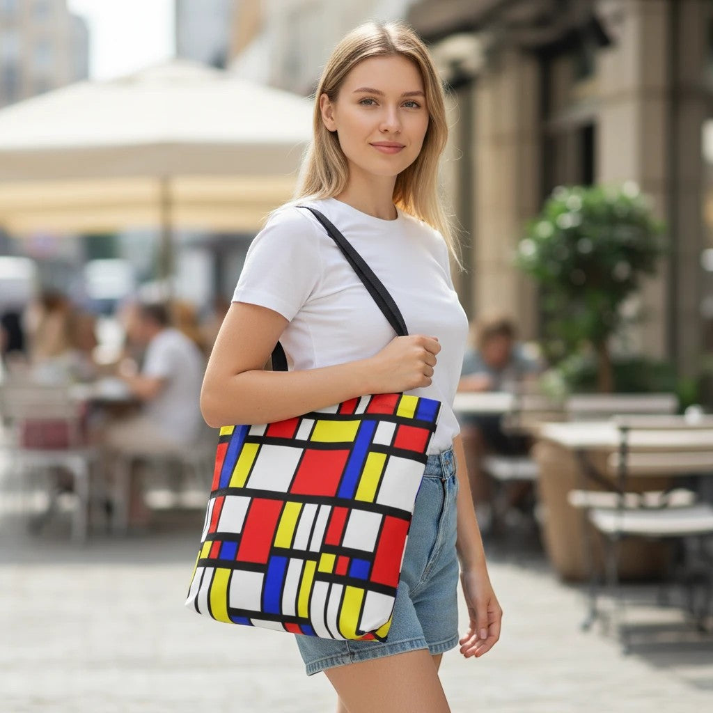 65mcmlxv Mondrian color block print tote bag with red, blue, yellow, and white geometric shapes. Made of polyester with black handles.