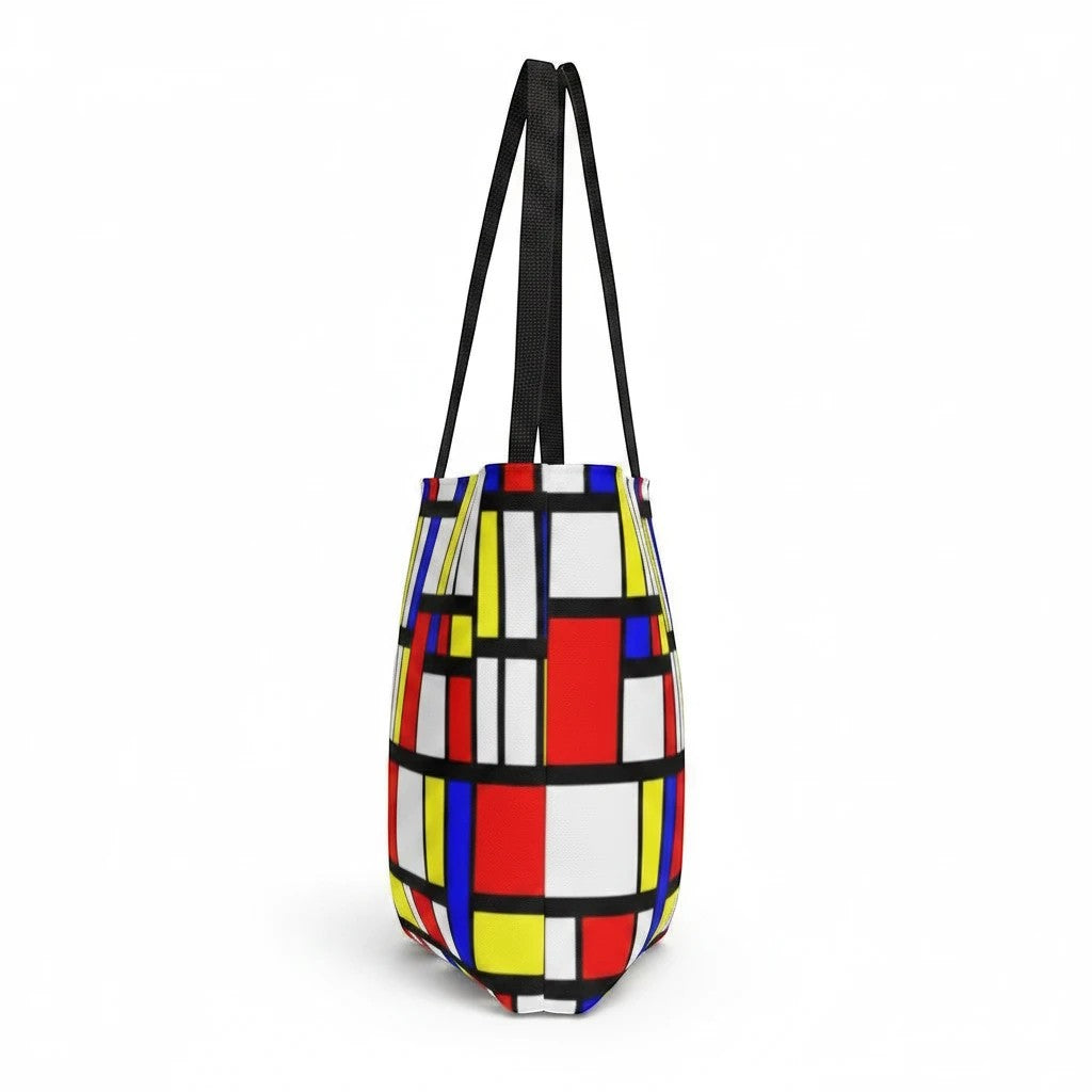 65mcmlxv Mondrian-style color block print tote bag, large, 100% polyester with black handles and lining.