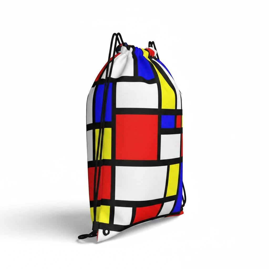 65mcmlxv Mondrian abstract geometric pattern drawstring backpack in red, blue, yellow, white, and black.