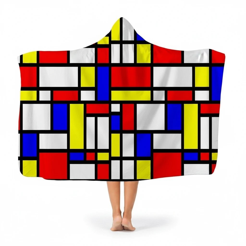 65mcmlxv unisex hooded blanket with Mondrian color block print, red, blue, yellow, and white geometric pattern. 100% polyester.