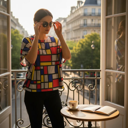 65mcmlxv women's Mondrian print batwing top in red, blue, yellow, and white with dolman sleeves.