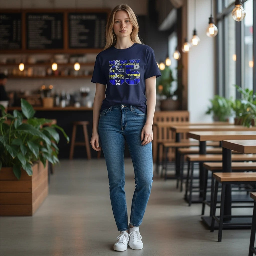 65mcmlxv navy blue cotton t-shirt with varsity logo graphic and blue typography