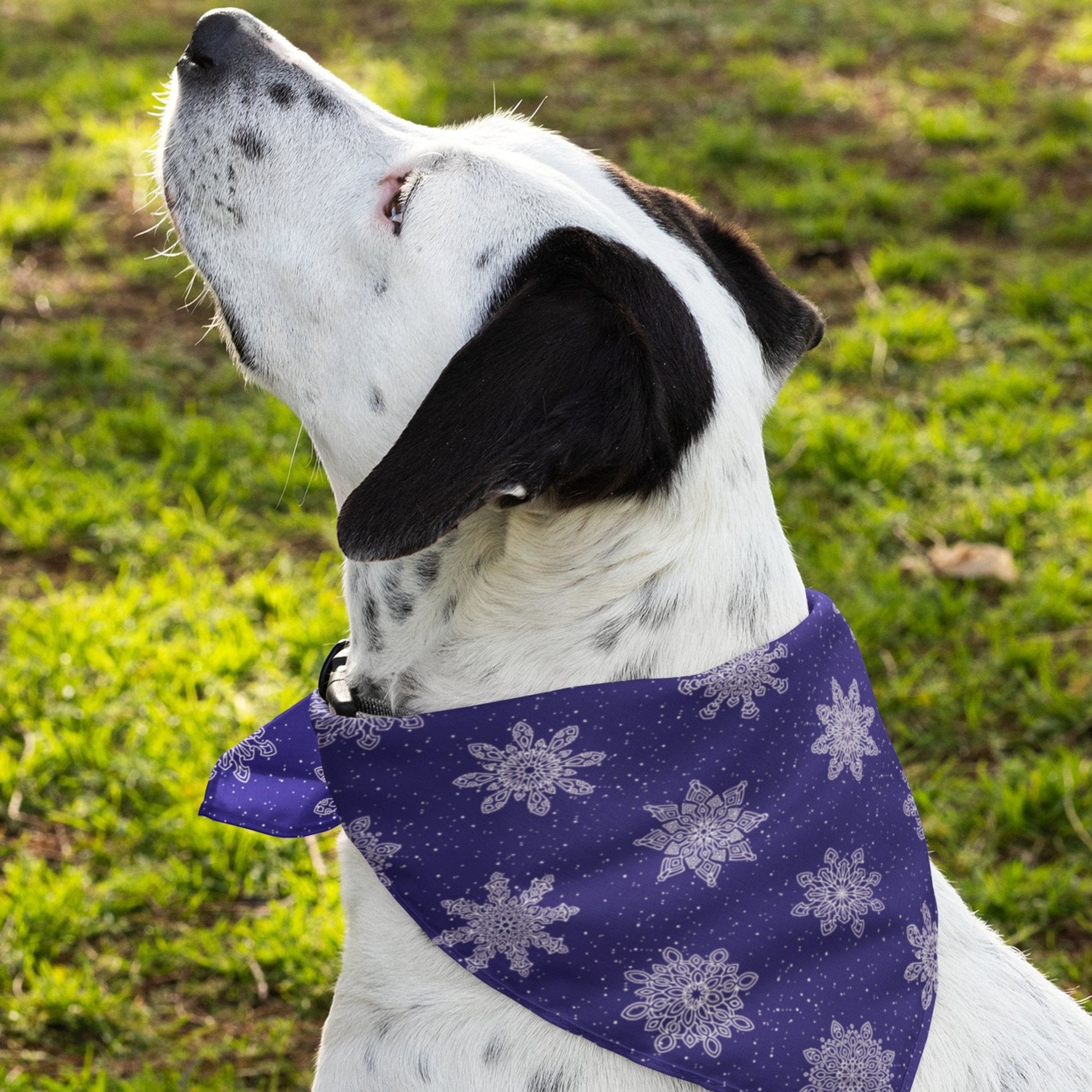 65mcmlxv navy blue polyester pet bandana with white snowflake print and hemmed edges.