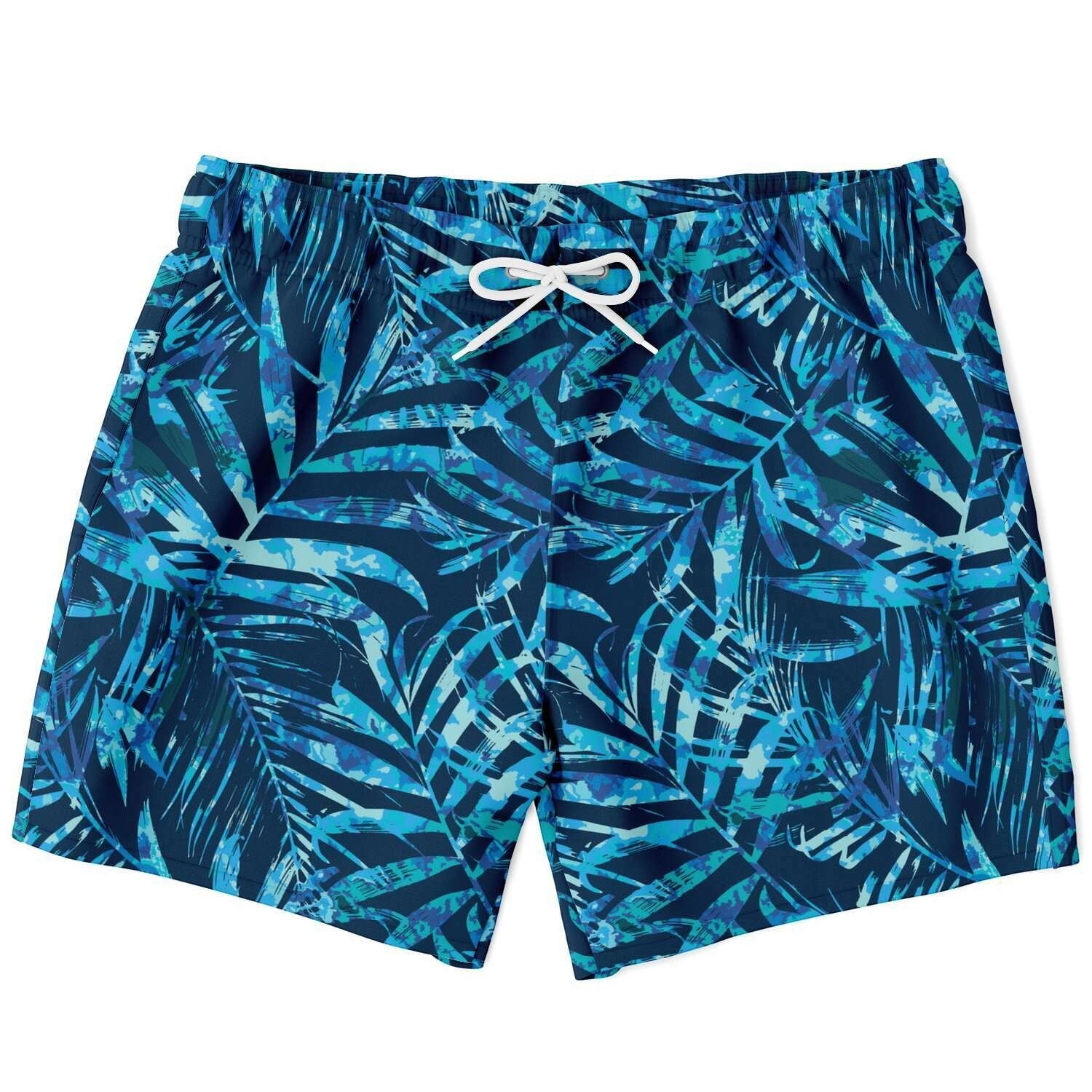 65mcmlxv Men's navy blue swim trunks with a blue tie-dye palm leaf print and white drawstring.
