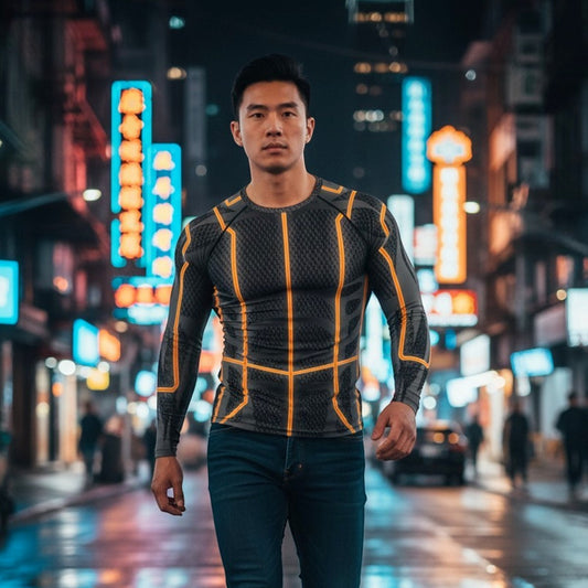 65 MCMLXV men's long sleeve rashguard top in dark grey with orange geometric lines, slim fit, UPF 50+.