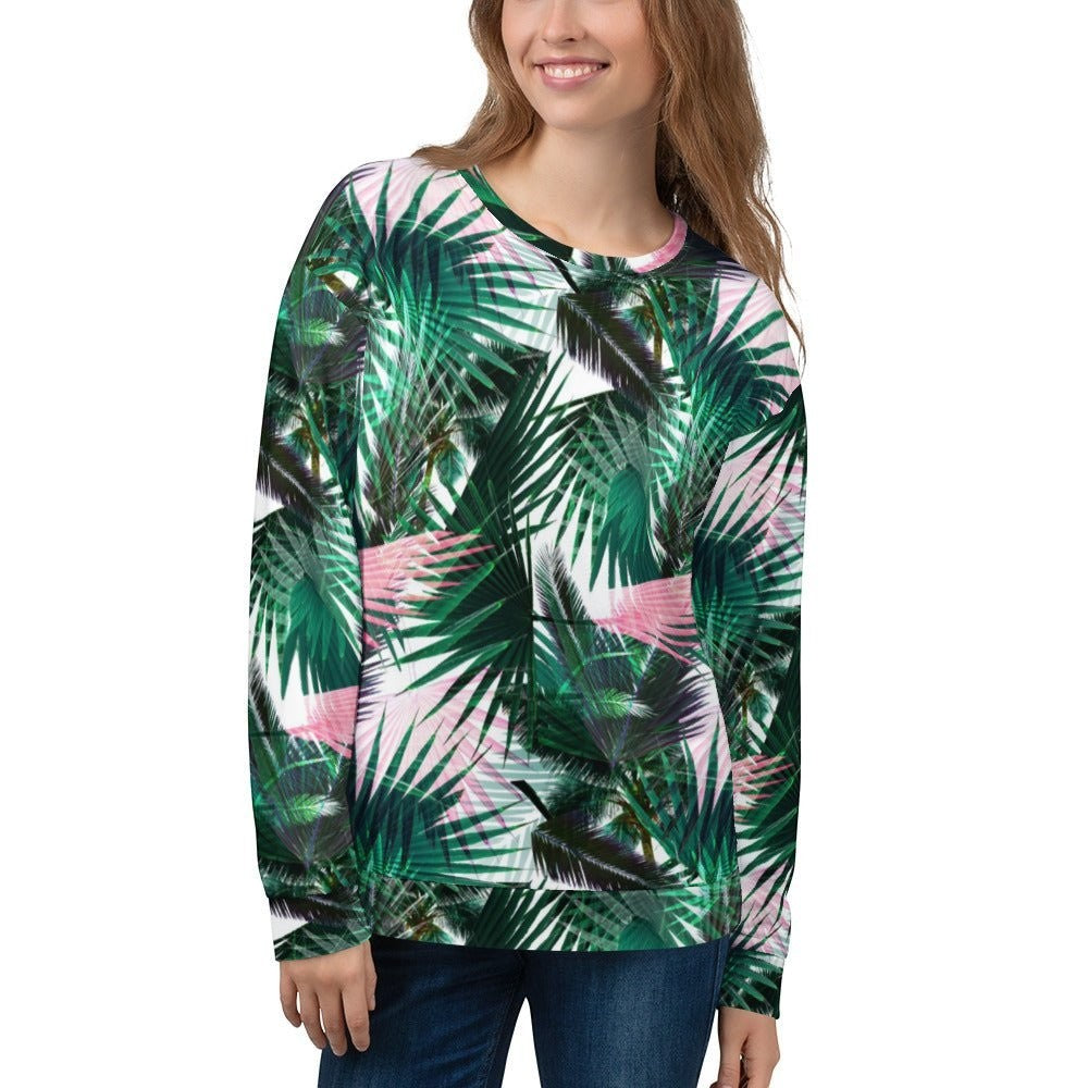 65mcmlxv women's green and pink palm fronds print fleece sweatshirt with a crew neck.