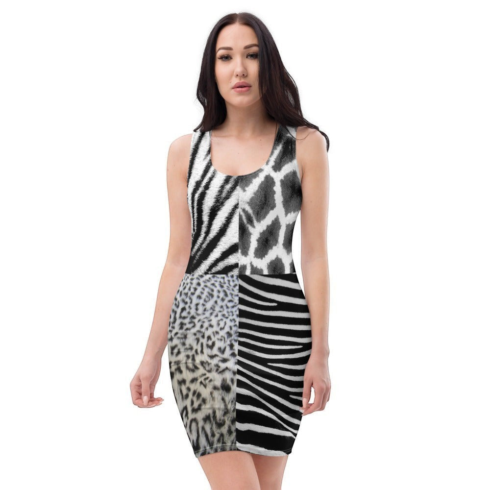 65mcmlxv sleeveless bodycon dress with patchwork zebra, giraffe, leopard, and tiger prints.