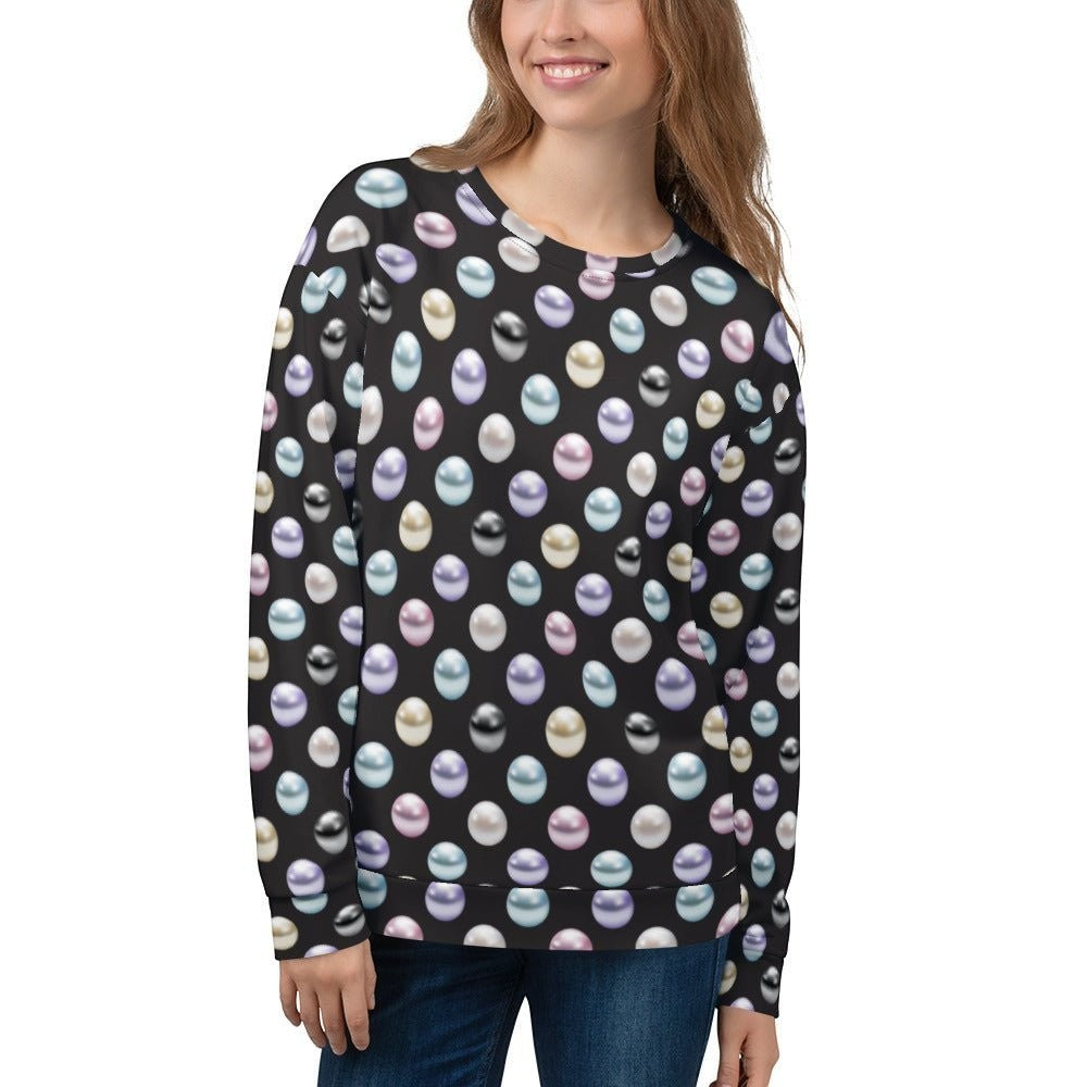 65mcmlxv women's black fleece sweatshirt with a scattered pearl polka dot print in pastel and metallic colors.