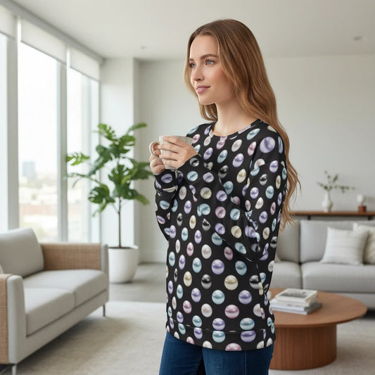 65mcmlxv women's black fleece sweatshirt with a pearl polka dot print, long sleeves, and crew neck.