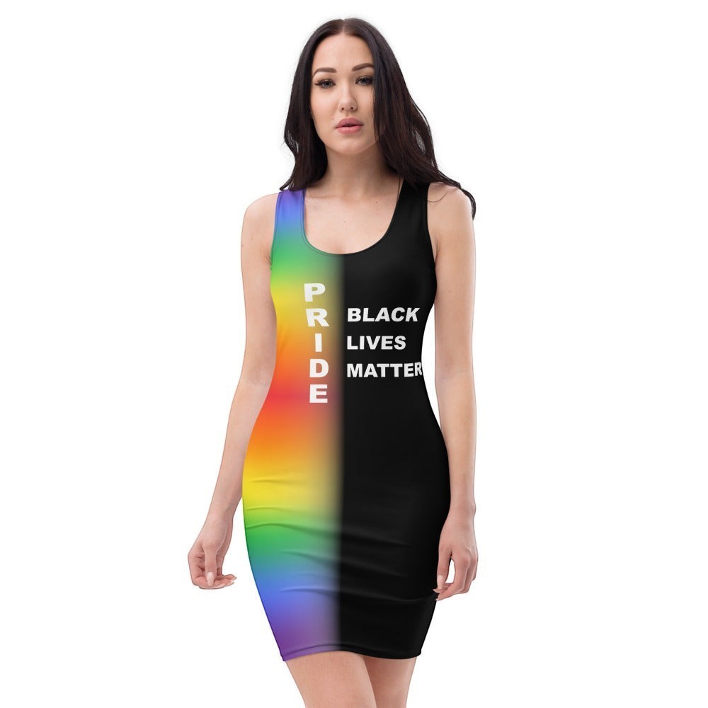 65mcmlxv sleeveless graphic dress with rainbow Pride flag gradient and Black Lives Matter text on black.