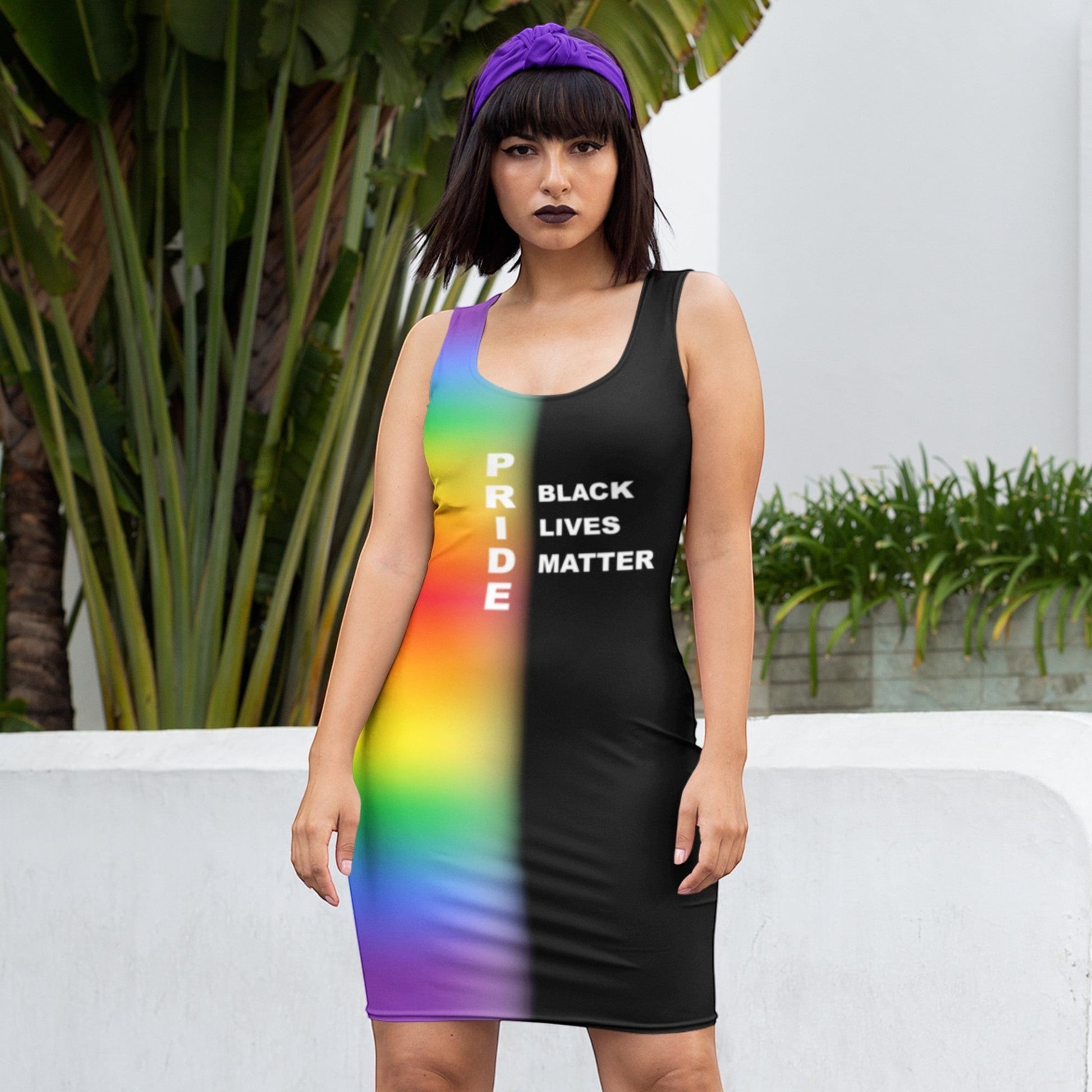 65mcmlxv sleeveless graphic dress with rainbow Pride flag on left and Black Lives Matter text on black right.