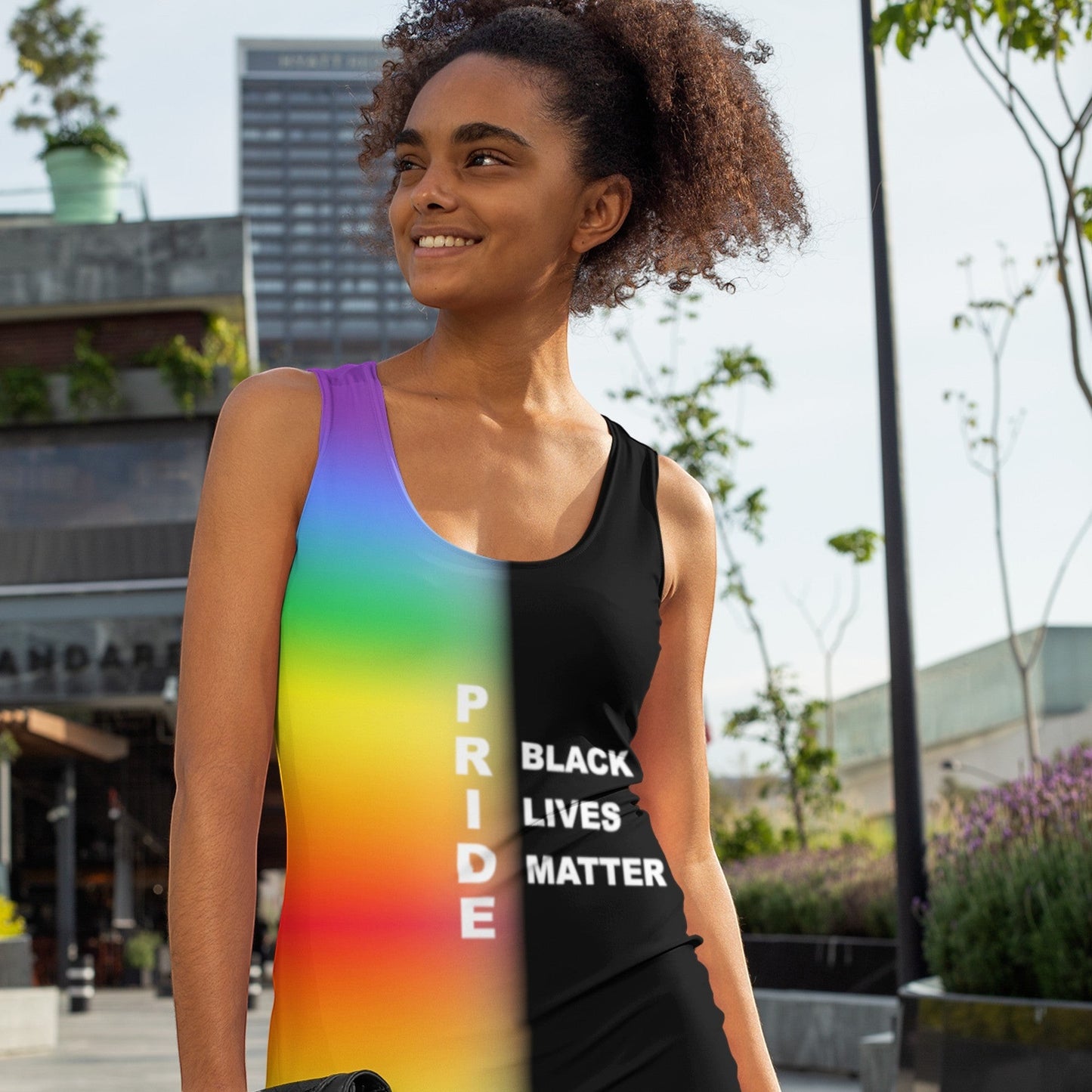65mcmlxv sleeveless graphic dress with rainbow Pride flag on left and Black Lives Matter text on right. Stretchy fabric.