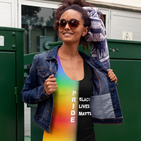65mcmlxv sleeveless graphic dress with rainbow Pride flag on left and Black Lives Matter text on right. Stretchy fabric.