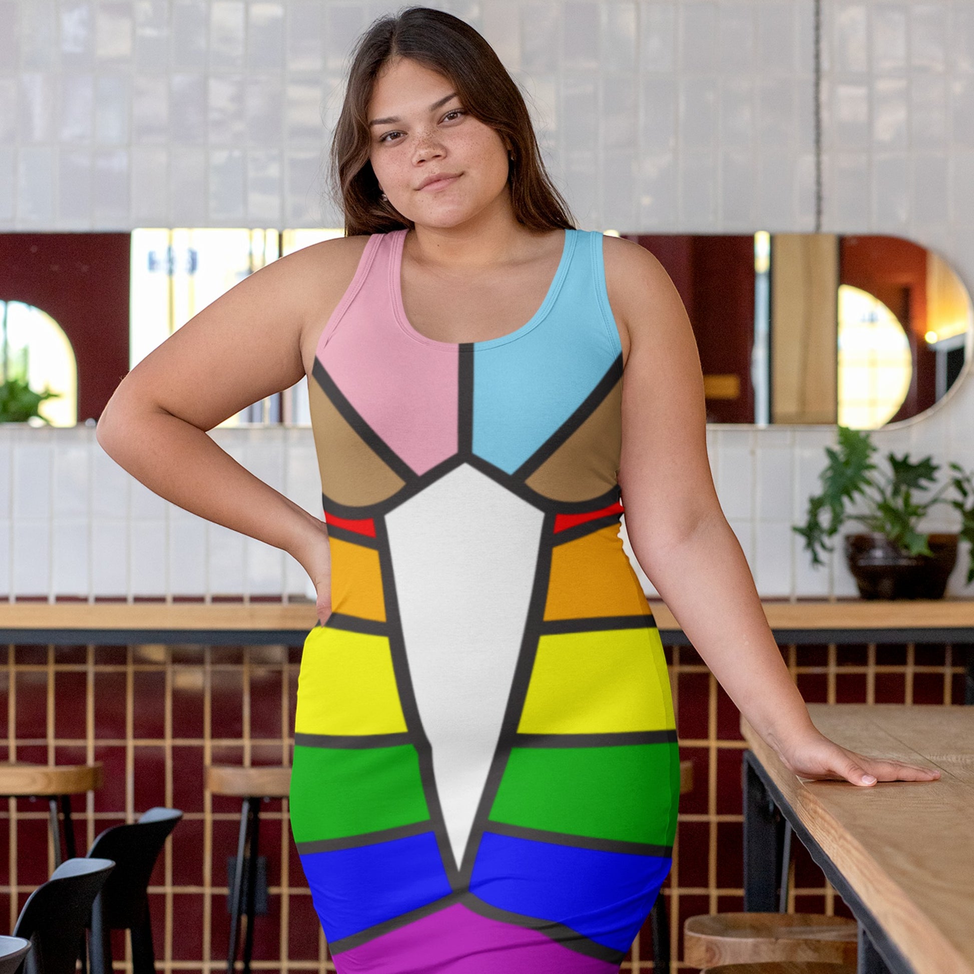 65mcmlxv sleeveless bodycon dress with abstract geometric print featuring pride flag colors and brown and black accents.