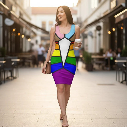 65mcmlxv sleeveless bodycon dress with abstract rainbow pride flag print, above the knee length.
