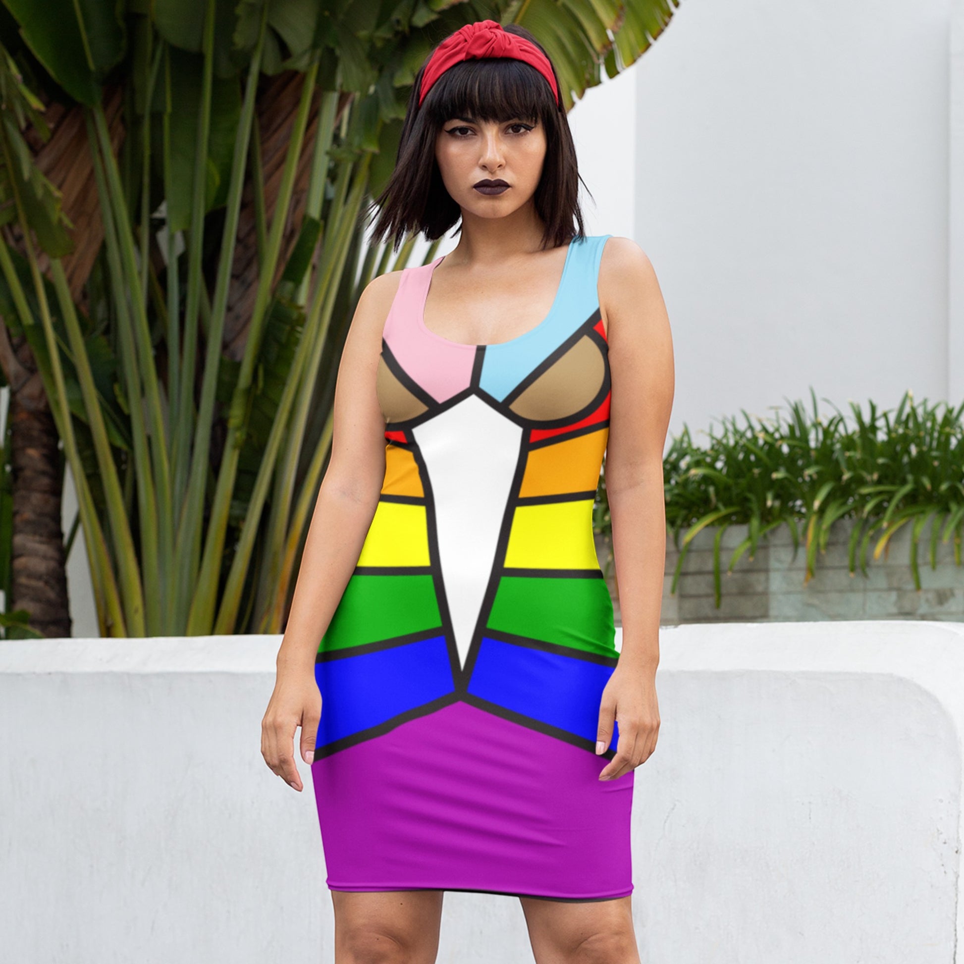 65mcmlxv abstract geometric bodycon dress with rainbow and transgender pride flag colors, sleeveless, above-the-knee length.
