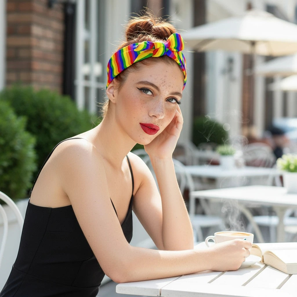 65mcmlxv rainbow stripe print polyester bandana headband tied in a knot on a woman with red hair and freckles.