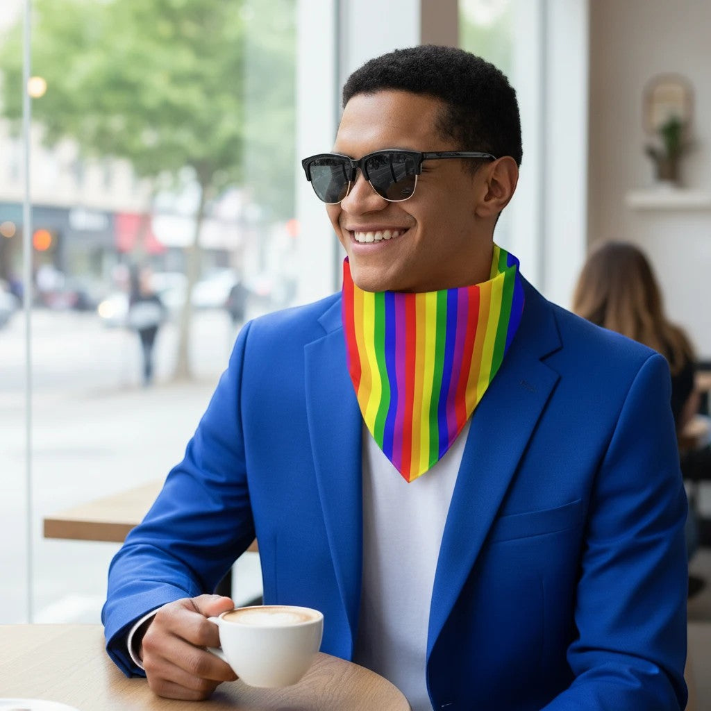 65mcmlxv rainbow stripe print polyester bandana for LGBT pride.