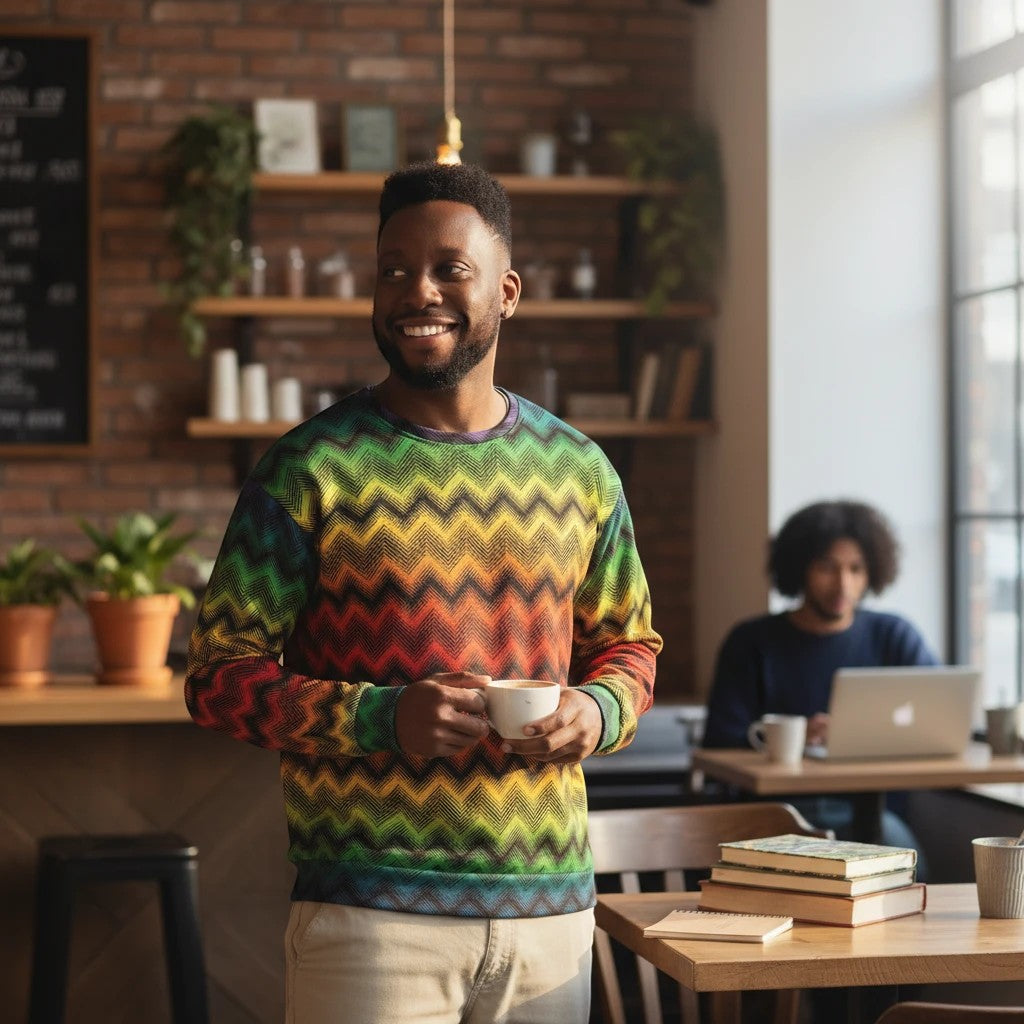 65mcmlxv Unisex rainbow chevron print fleece sweatshirt with crew neck and long sleeves.
