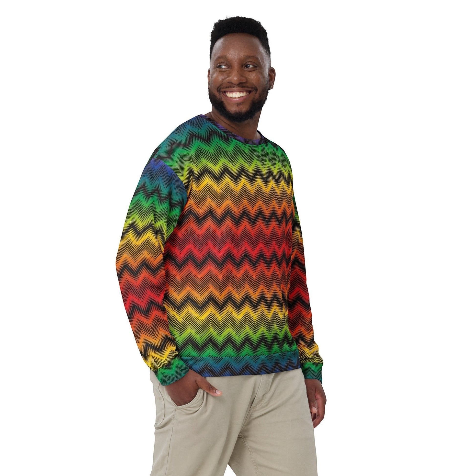 65mcmlxv unisex rainbow chevron print crewneck sweatshirt made from polyester, cotton, and spandex blend.