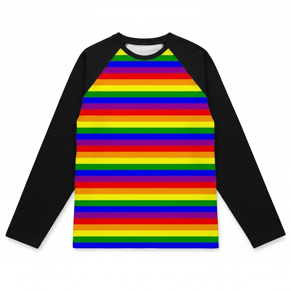 65mcmlxv unisex baseball long sleeve t-shirt with rainbow flag stripes on the front and black sleeves.